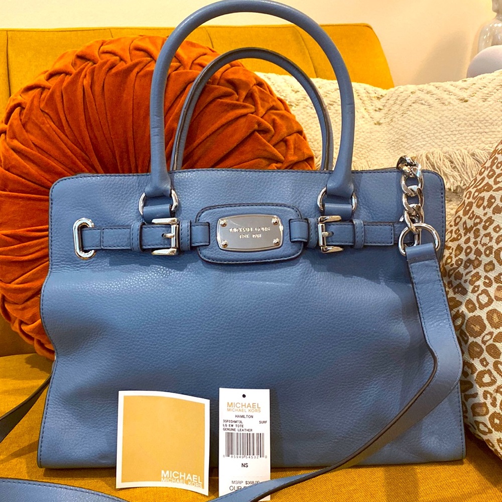 Genuine leather Michael Kors “Hamilton” tote is color “Surf”.